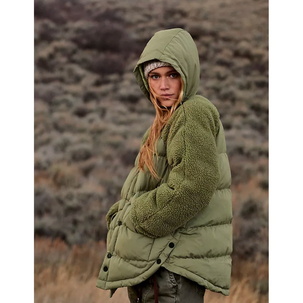 Pilcro Mixed Media Puffer Jacket Women XS Olive Green Sherpa Sleeve Hooded Coat